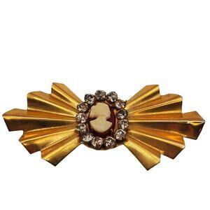 Cameo Rhinestone Bow Tie Brooch Gold Tone Ribbon Pin Vintage Victorian Revival